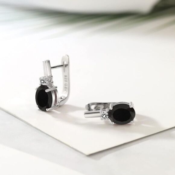 925 Sterling Silver with 3.39 Cttw Black Onyx and White Diamond Oval Earrings - Picture 2 of 4